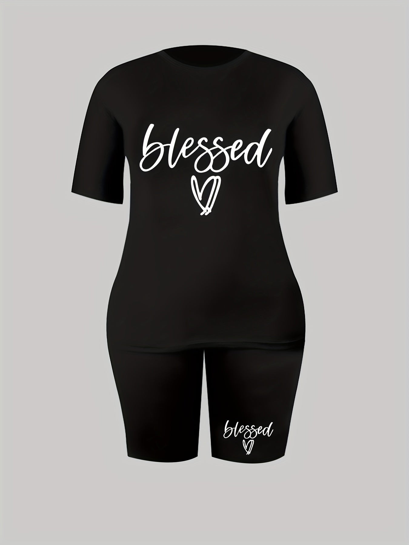 Women's Plus Heart & Letter Print Stretchy Tee & Shorts Set