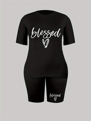 Women's Plus Heart & Letter Print Stretchy Tee & Shorts Set