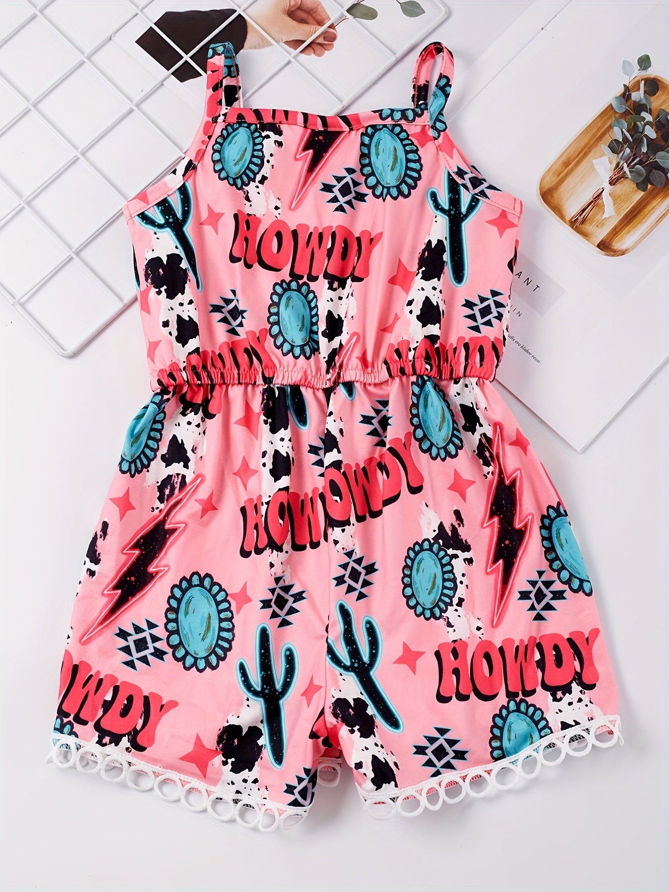 Toddler Girls Graphic Lace Trim Cami Rompers Jumpsuits For Beach