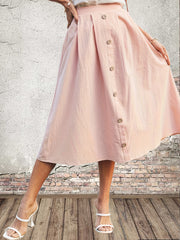 High Waist Button-Up Midi Skirt Solid Casual