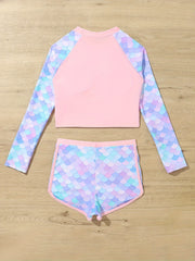 Quick Drying Fish Scale Print 2pc Swimsuits Girls Long Sleeve Top