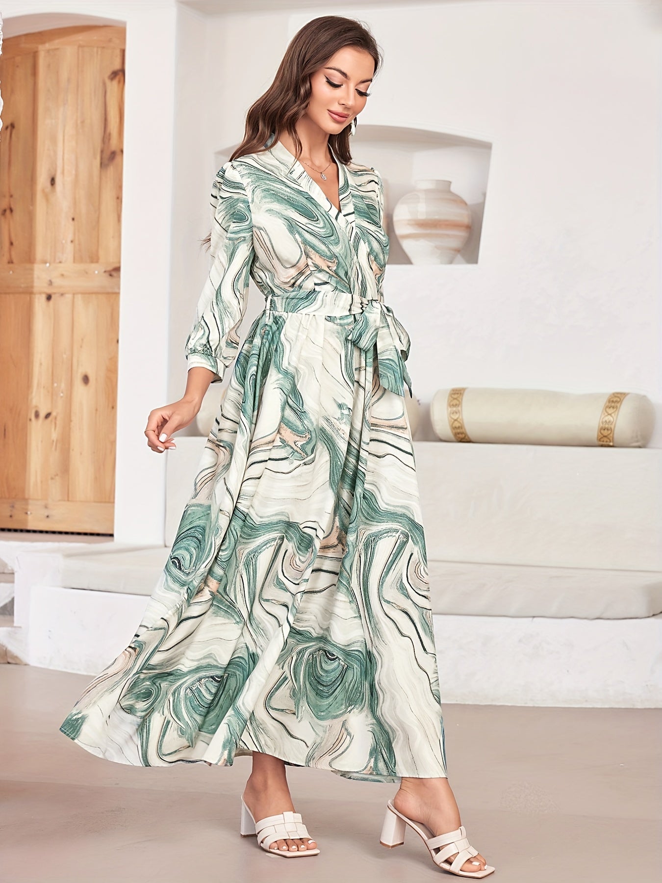 Marble Print Surplice Neck Dress 3/4 Sleeve Midi Dress