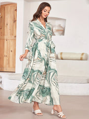 Marble Print Surplice Neck Dress 3/4 Sleeve Midi Dress