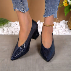 Snakeskin Chunky Heels Pointed Toe Pumps