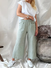 Striped Wide Leg Pants Elastic Waist With Pockets