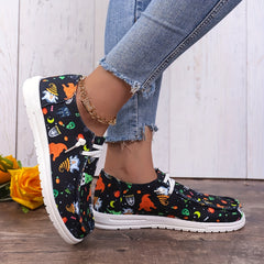 Women's Halloween Pattern Canvas Shoes Lace Up Low Top Slip On Flat Shoes