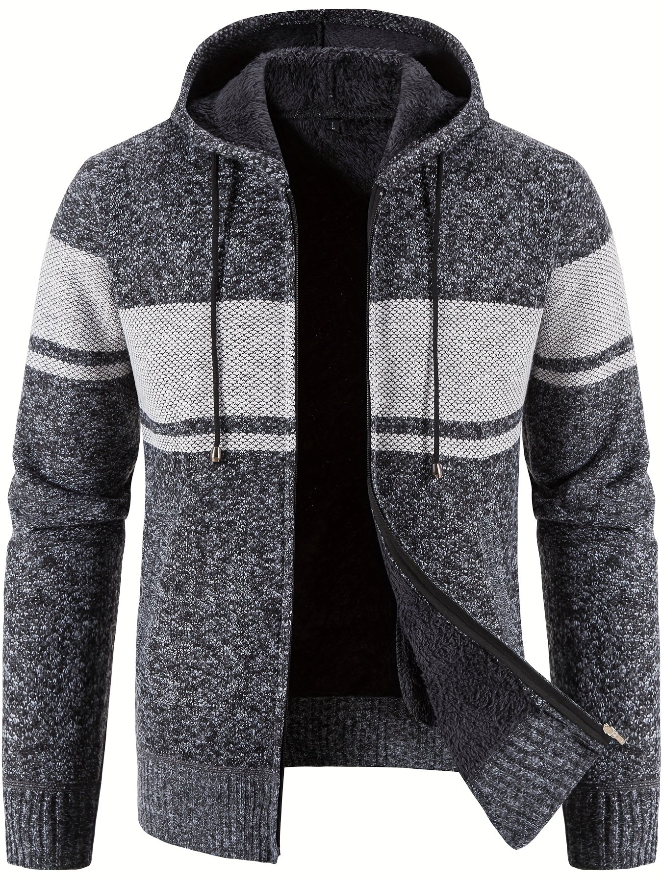 Men's Warm Block Fleece Hooded Jacket Zip Up Cardigan