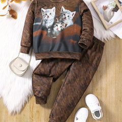Girl's Cat 3D Pattern Sweatshirt & Sweatpants Set