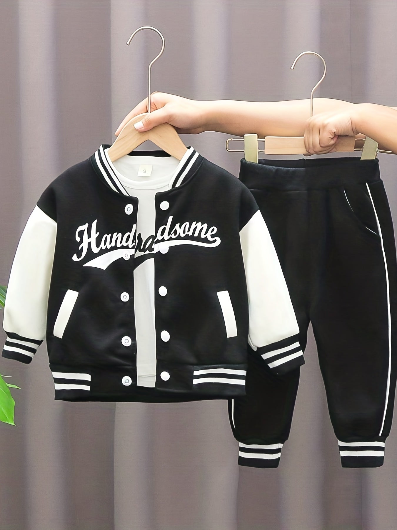 3pc Boys Letter Print Baseball Suit Crew Neck Cotton Set
