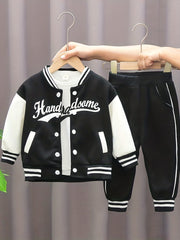 3pc Boys Letter Print Baseball Suit Crew Neck Cotton Set