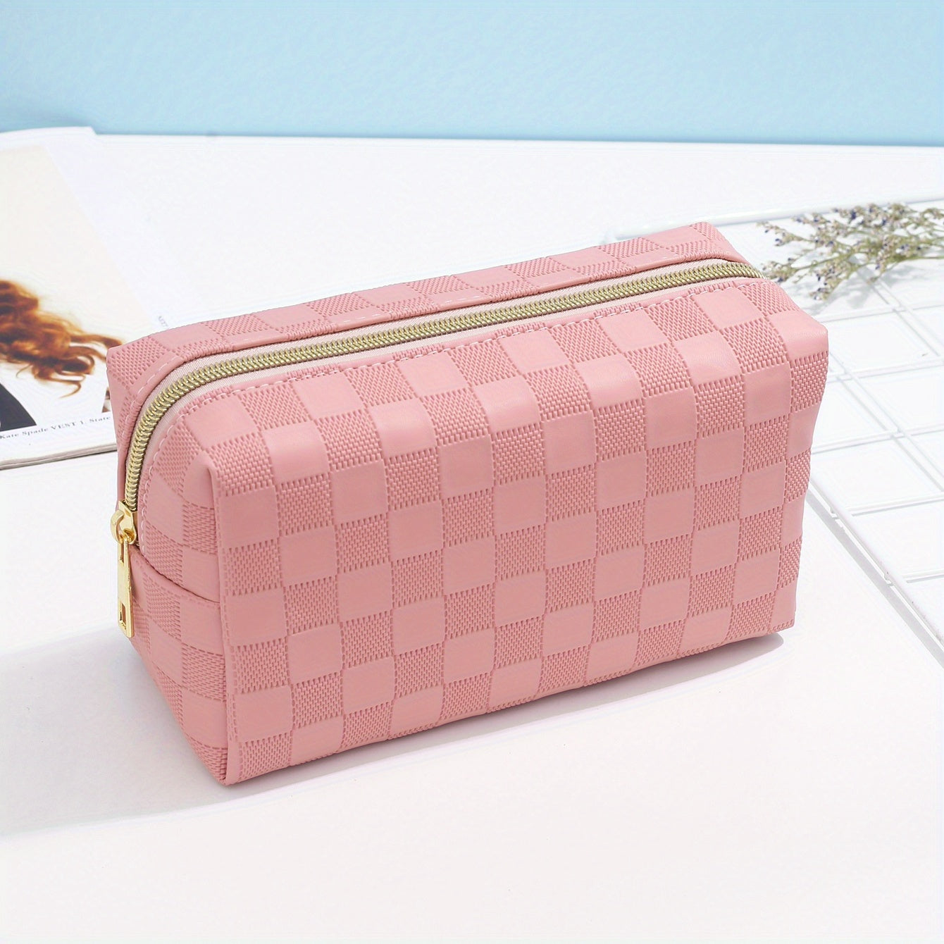 Checkered Pattern Cosmetic Bag For Women Zipper Makeup Bag Travel Toiletry Bag