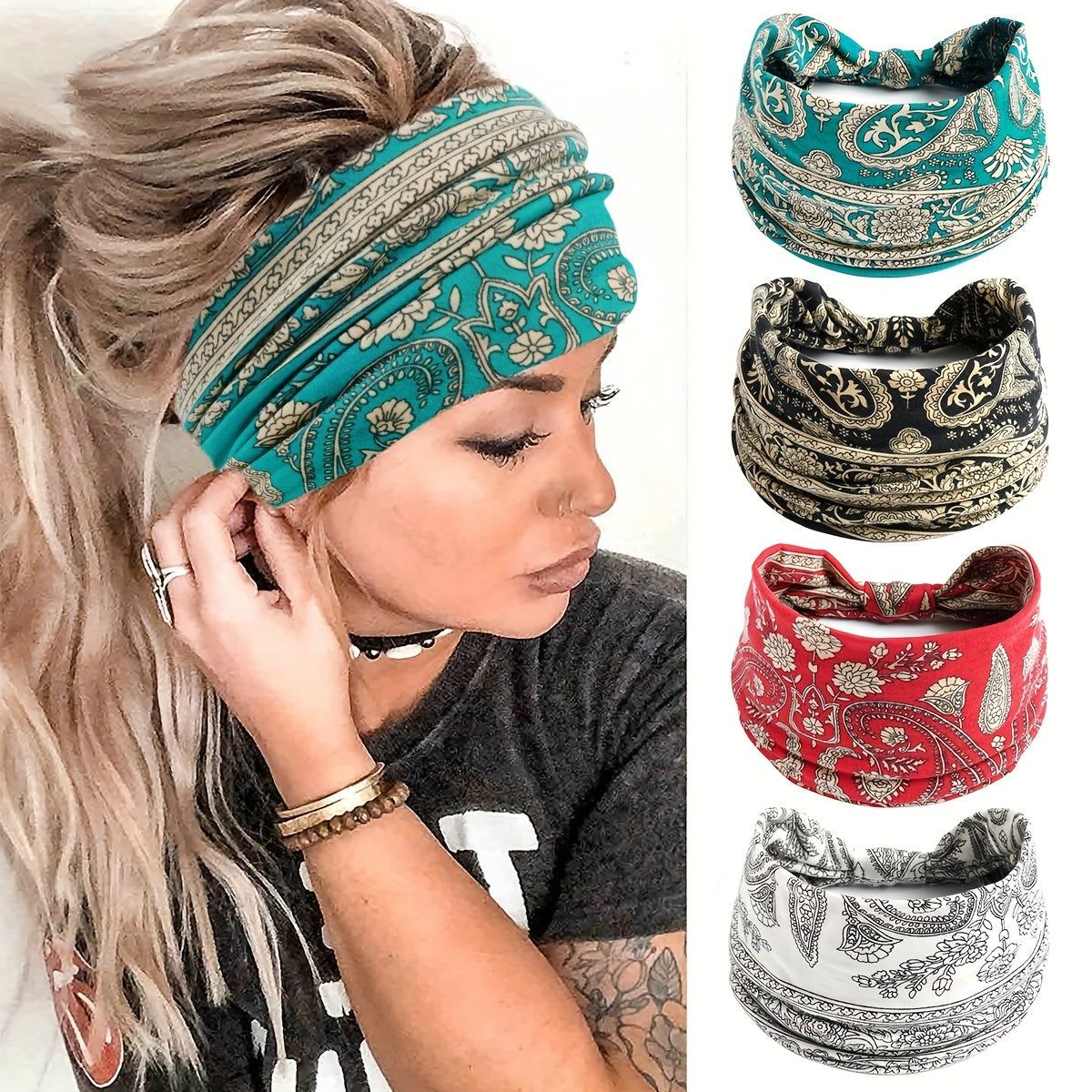 Vintage Paisley Pattern Headband Wide Knotted Hair Band Stretch Yoga Sweatband