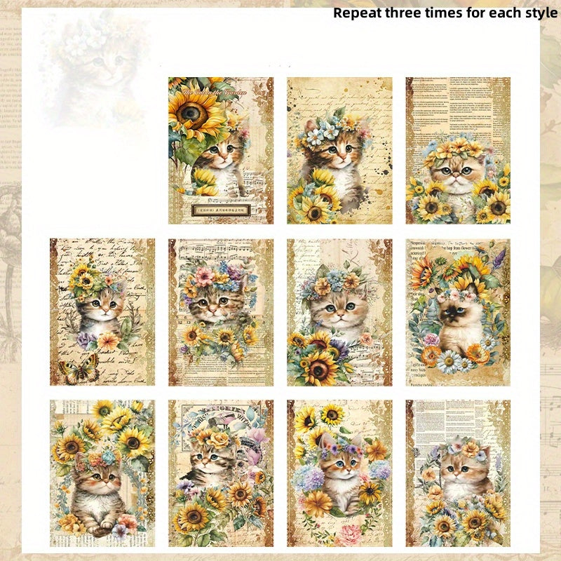 30pcs Cat Collage Paper Pack Garden Cat Series Floral Decoration