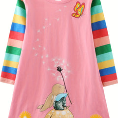 Girls' Rabbit Colorblock Rainbow Long Sleeve Dress