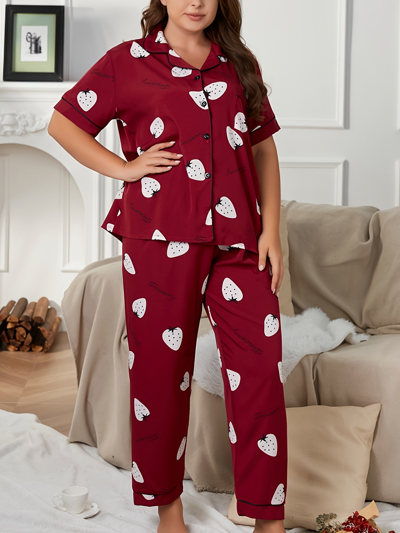 Strawberry Print Pajama Set Short Sleeve Button Up Shirt & Pants