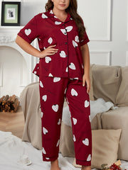 Strawberry Print Pajama Set Short Sleeve Button Up Shirt & Pants