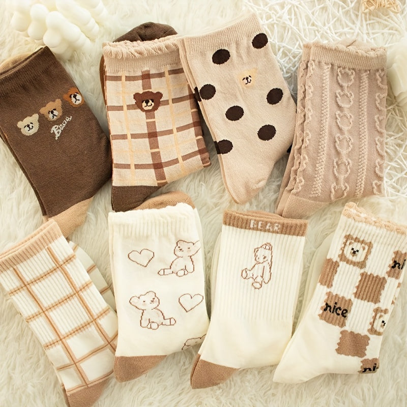 8 Pairs Cartoon Bear Print Socks Women's Stockings