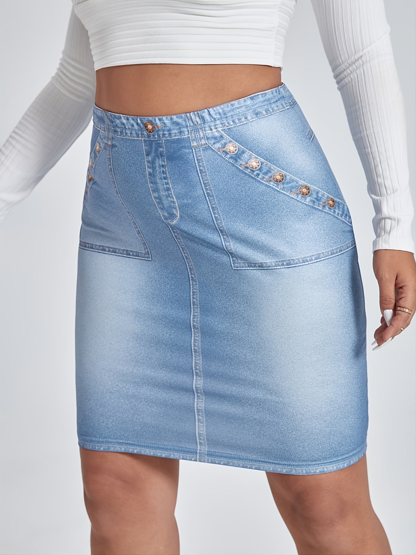 Denim Bodycon Skirt - Women's High Stretch Solid