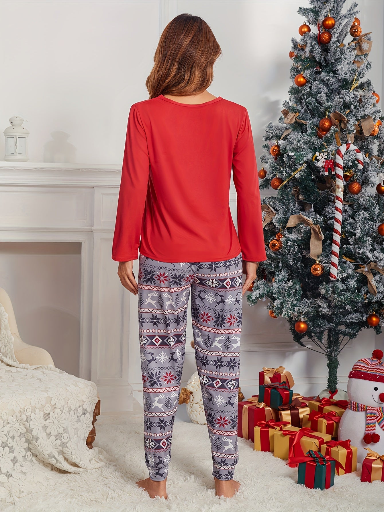 Christmas Snowflake Print Pajama Set Long Sleeve Top & Lounge Pants