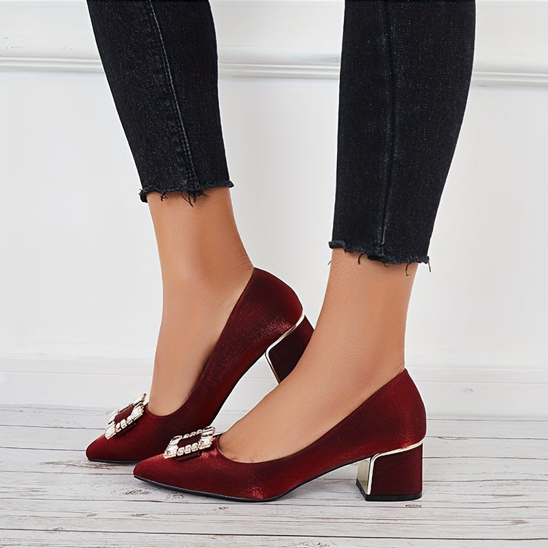 Chunky Heel Satin Pumps Rhinestone Pointed Toe Mid Heels