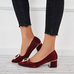 Chunky Heel Satin Pumps Rhinestone Pointed Toe Mid Heels