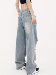 Distressed Straight Jeans Loose Fit Washed Denim Pants