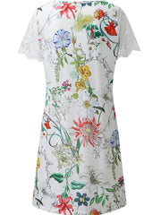 Floral Print Dress Lace V neck Short Sleeve Loose Summer Beach Sundress