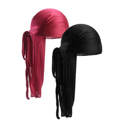 2pcs Wine Red Silk Bandage Pirate Hat Turban Hat Khaki Silky Durag