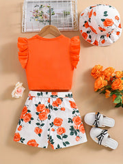 Girls Twist Front V Neck Top & Floral Print Shorts Set