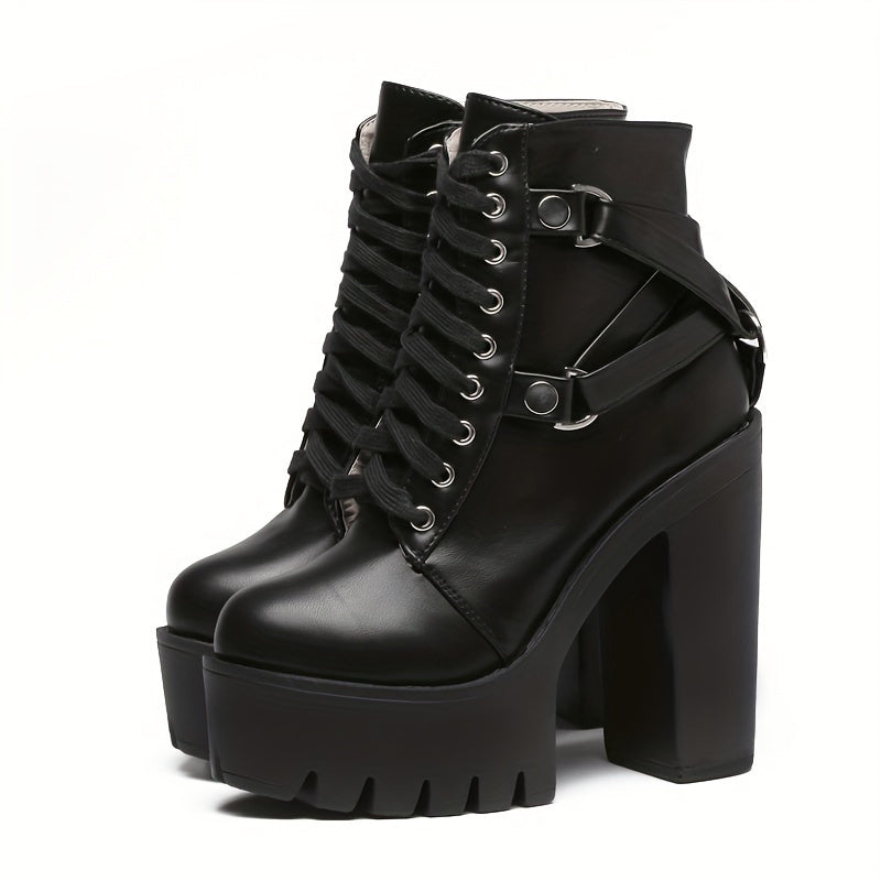 Women's Goth Chunky High Heeled Boots Lace Up Side Zipper Ankle Boots