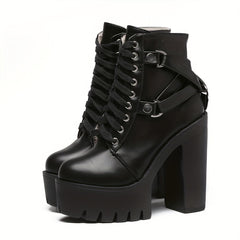 Women's Goth Chunky High Heeled Boots Lace Up Side Zipper Ankle Boots