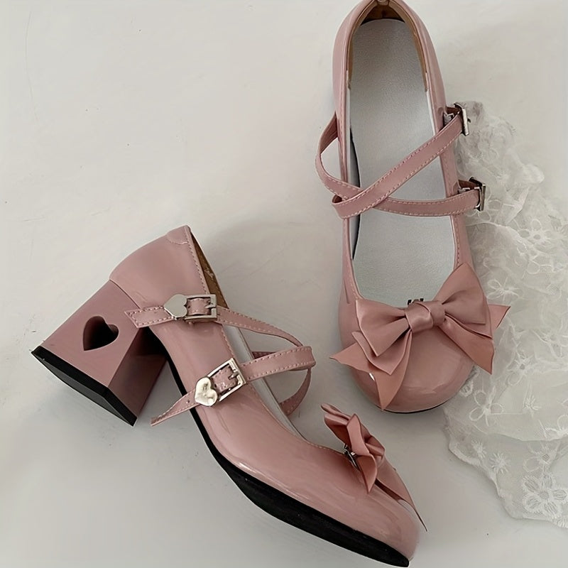 Women's Round Toe Patent Leather Mary Janes Chunky Heel Buckle Shoes