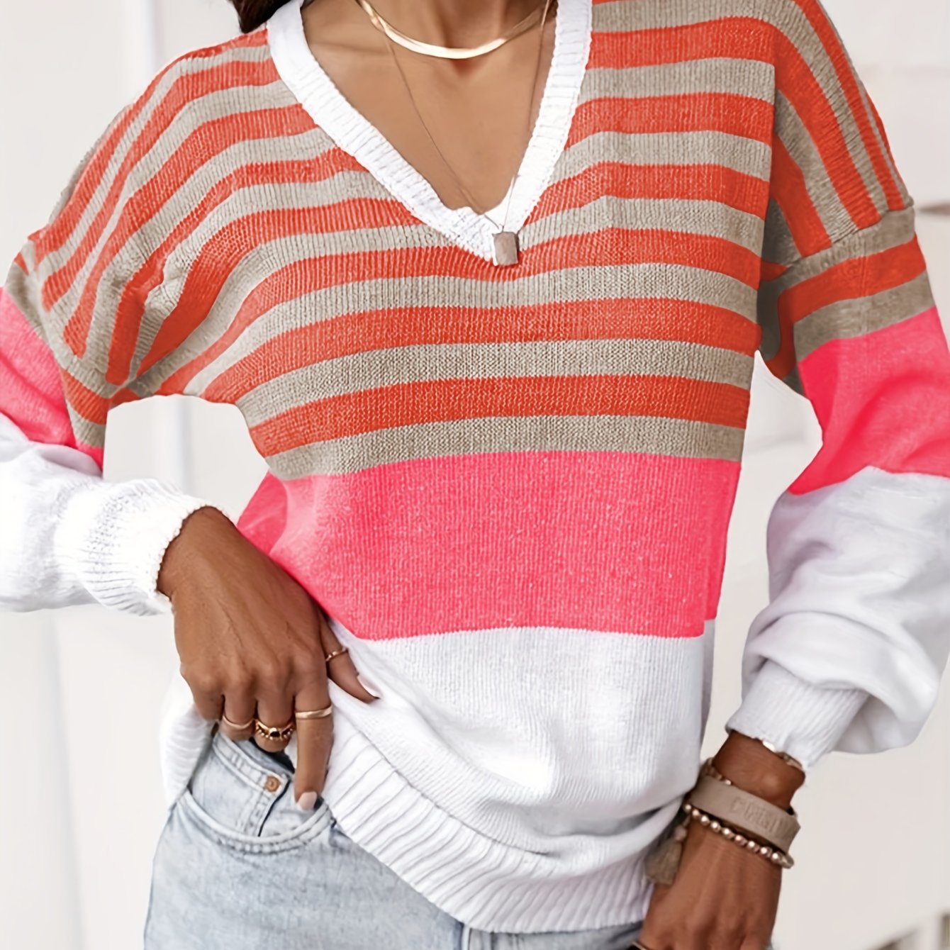 Colorblock Stripe Print V Neck Sweater Women's Plus Long Sleeve Jumper