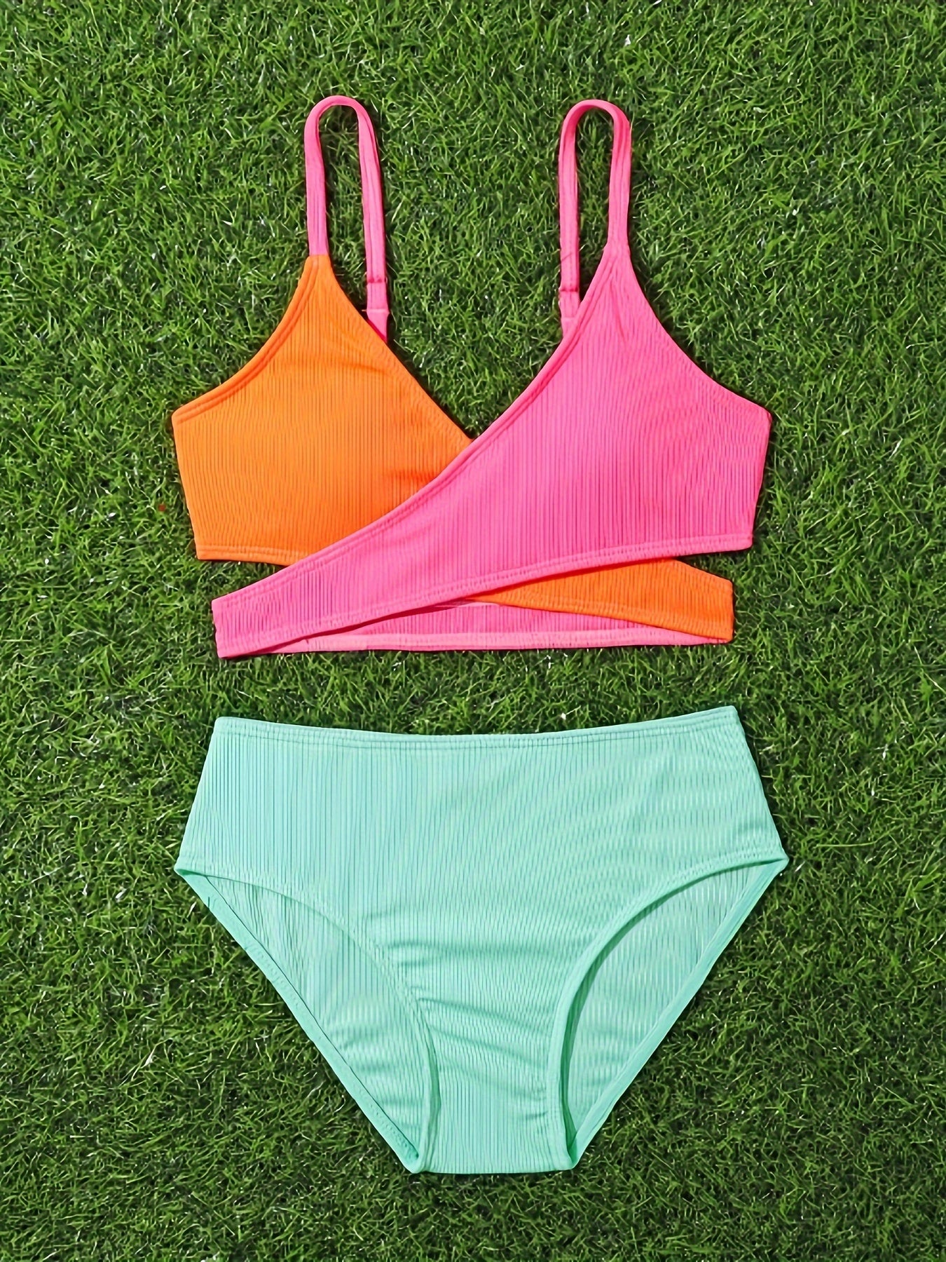 Girls Splicing Top Solid Briefs Bikini Set Beach Vacation Gift