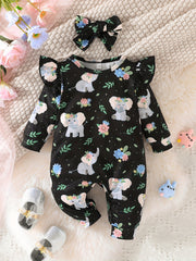 Elephant Graphic Romper & Headband Set for Baby Girls