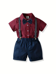Boys Plaid Shirt & Suspender Shorts Set