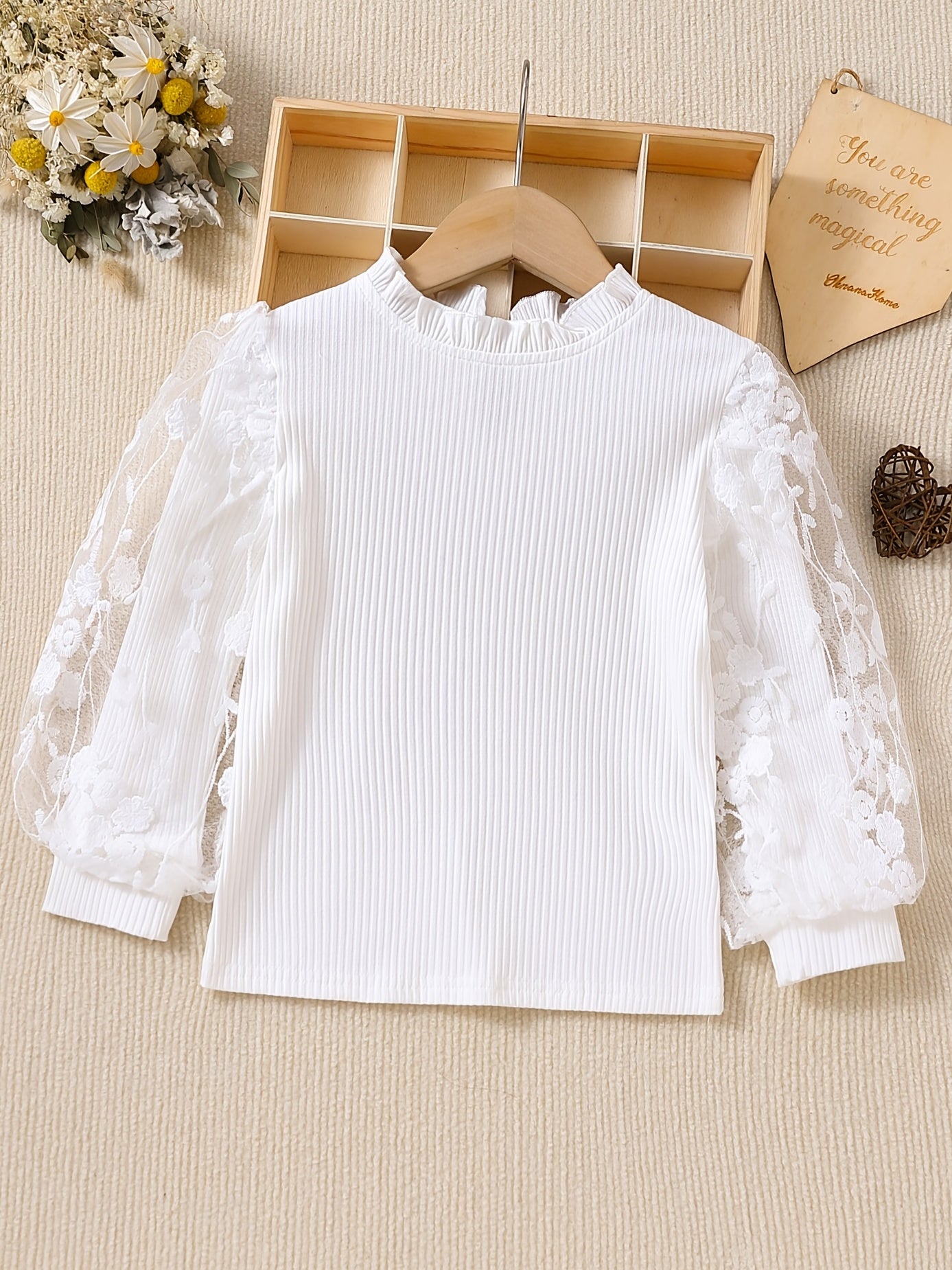 Girls Long Puff Sleeve Lace Ruffle T-Shirt Kids Clothes