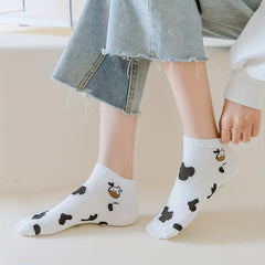 5 Pairs Bear & Cow Print Socks Cartoon Ankle Stockings & Hosiery