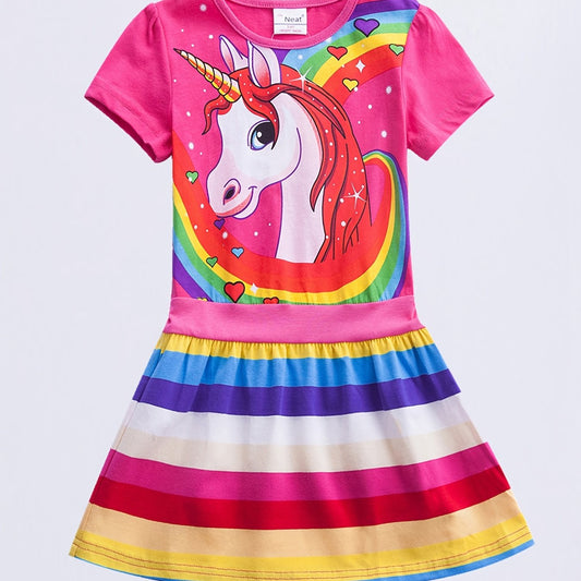 Baby Girls Unicorn Rainbow Dress Short Sleeve Cotton