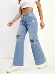 Frayed Trim Straight Jeans Boyfriend Style Wide Legs