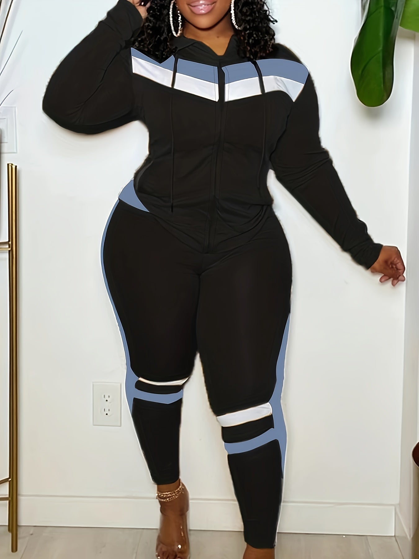 Colorblock Hooded Coat & Leggings Set