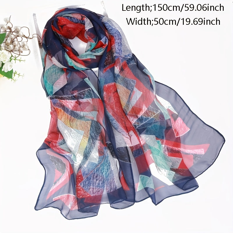 Chiffon Scarf Leaf Print Geometric Block Shawl Vintage Head Wrap
