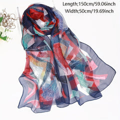 Chiffon Scarf Leaf Print Geometric Block Shawl Vintage Head Wrap