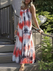 Tie Dye V Neck Maxi Dress Medium Stretch Loose Cami