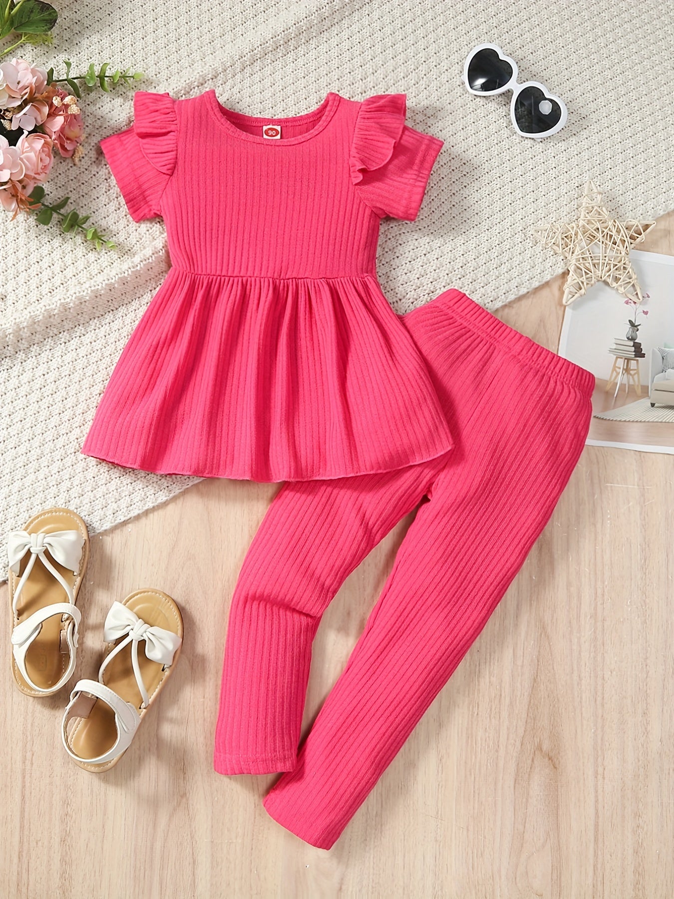 2pcs Toddler Girls Ruffle Peplum Tops & Elastic Waist Pants Set