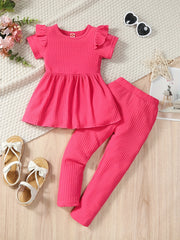 2pcs Toddler Girls Ruffle Peplum Tops & Elastic Waist Pants Set