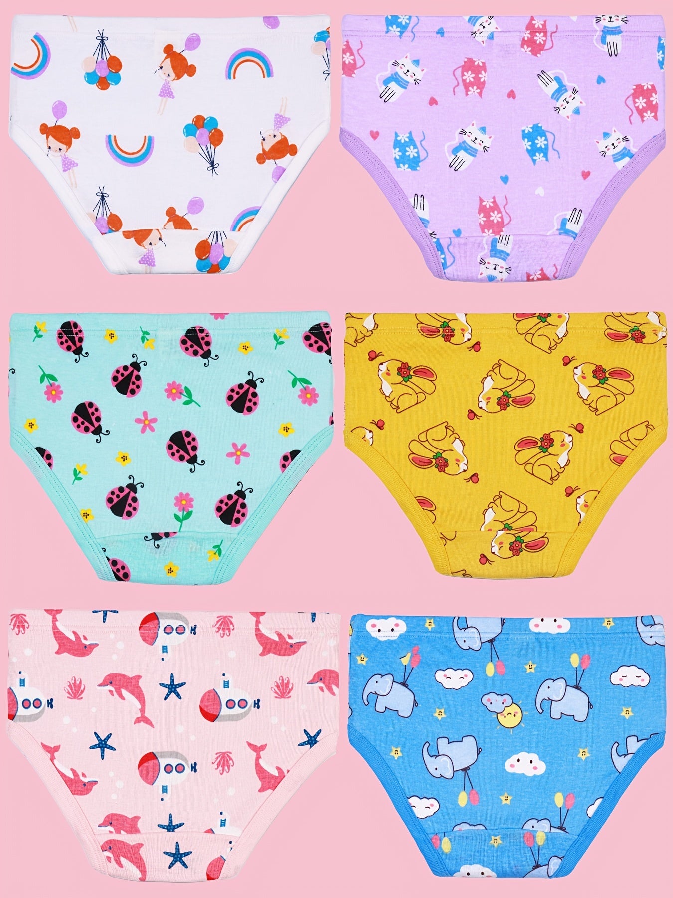 6pcs Girls Triangle Panties Cartoon Floral Animals Print Elastic Waist