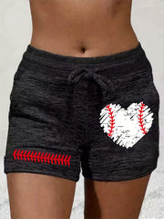 Baseball Heart Print Drawstring Summer Workout Shorts