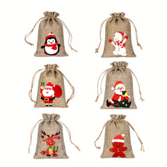 6pcs Christmas Candy Bags Set Drawstring Linen Bag for Holidays