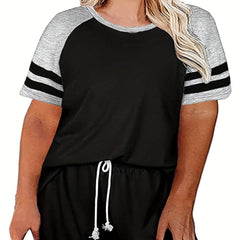Colorblock Stripe Print Tee & Drawstring Shorts Set